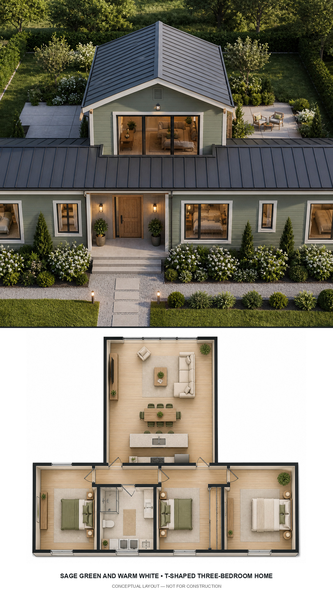 Sage Green and Warm White T-Shaped Three-Bedroom Home exterior and furnished conceptual floor plan