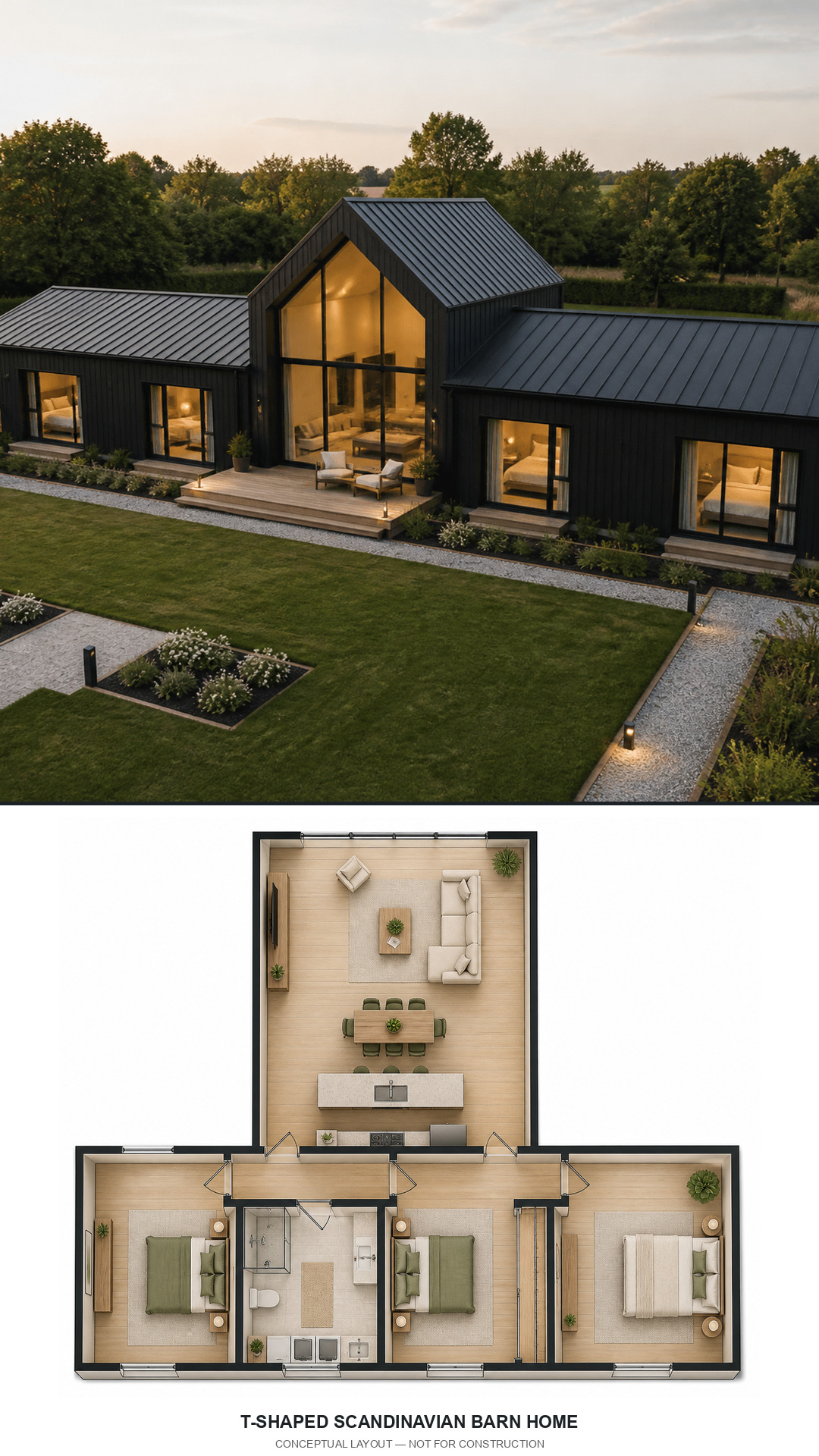 T-Shaped Scandinavian Barn Home exterior and conceptual floor plan