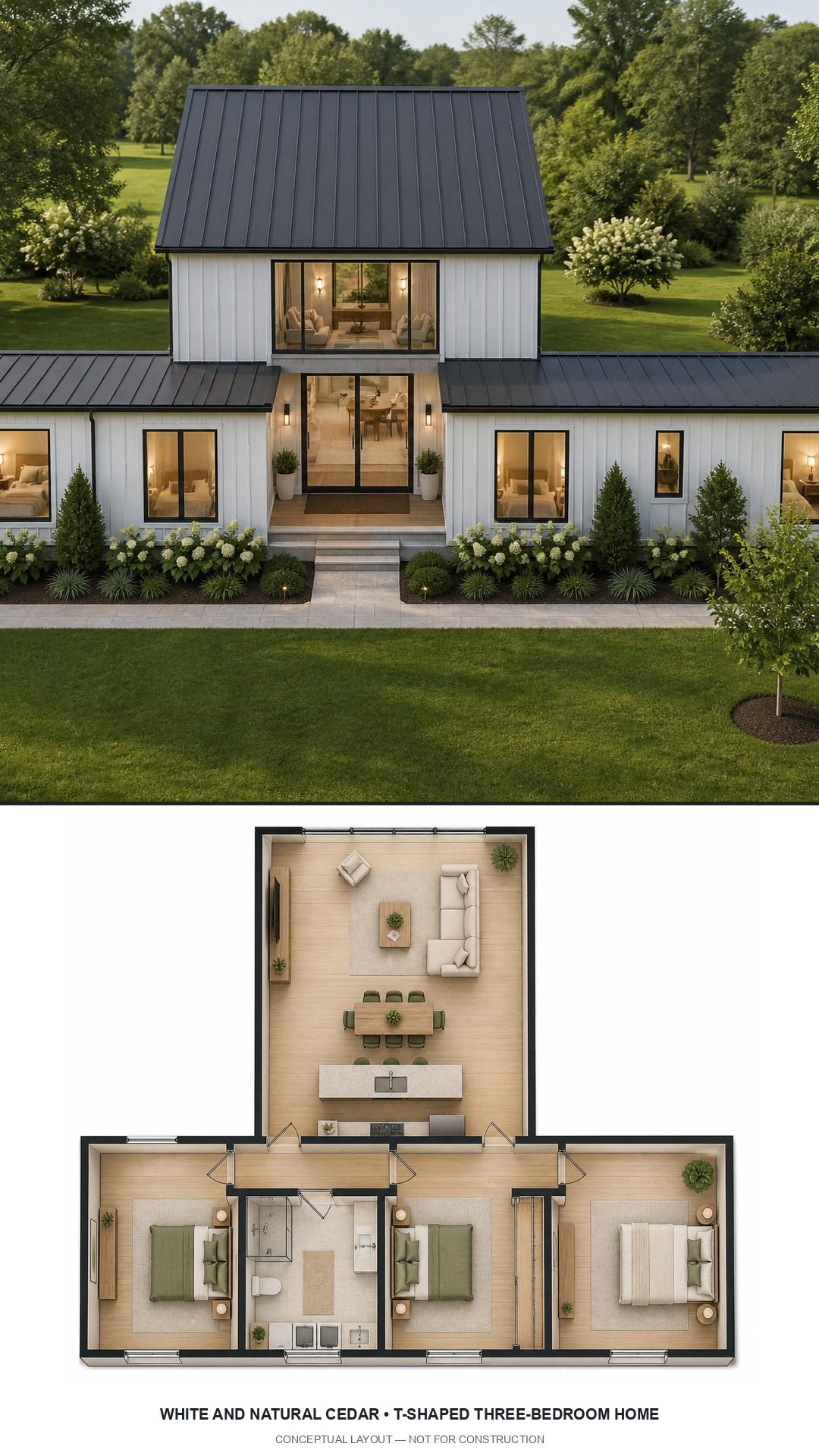 White and Natural Cedar T-Shaped Three-Bedroom Home exterior and furnished conceptual floor plan