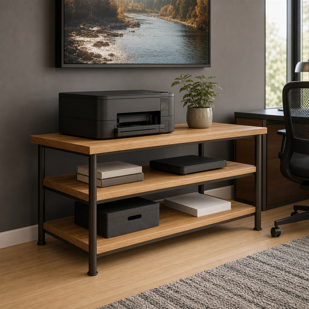 Printer Stand With Oak Shelves and a Steel Tube Frame - alternate full view