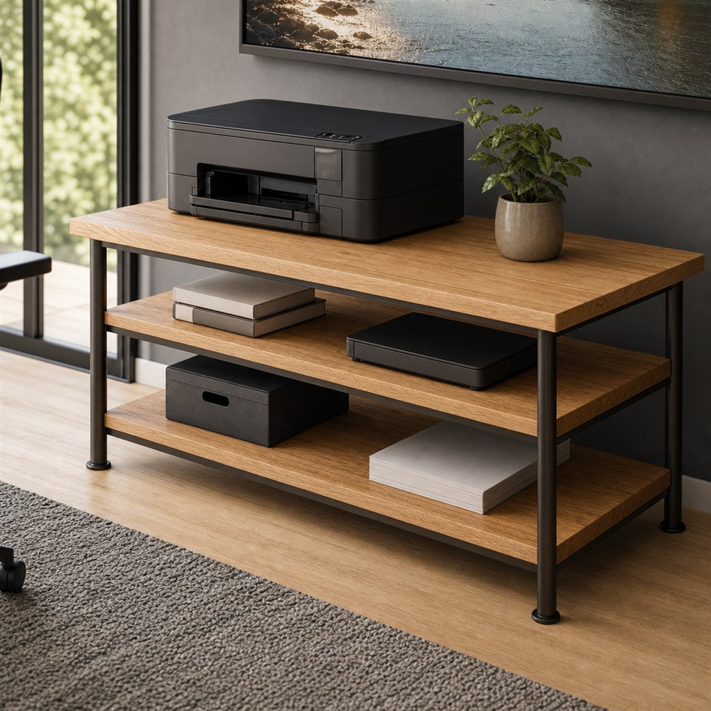 Printer Stand With Oak Shelves and a Steel Tube Frame - steel-frame detail