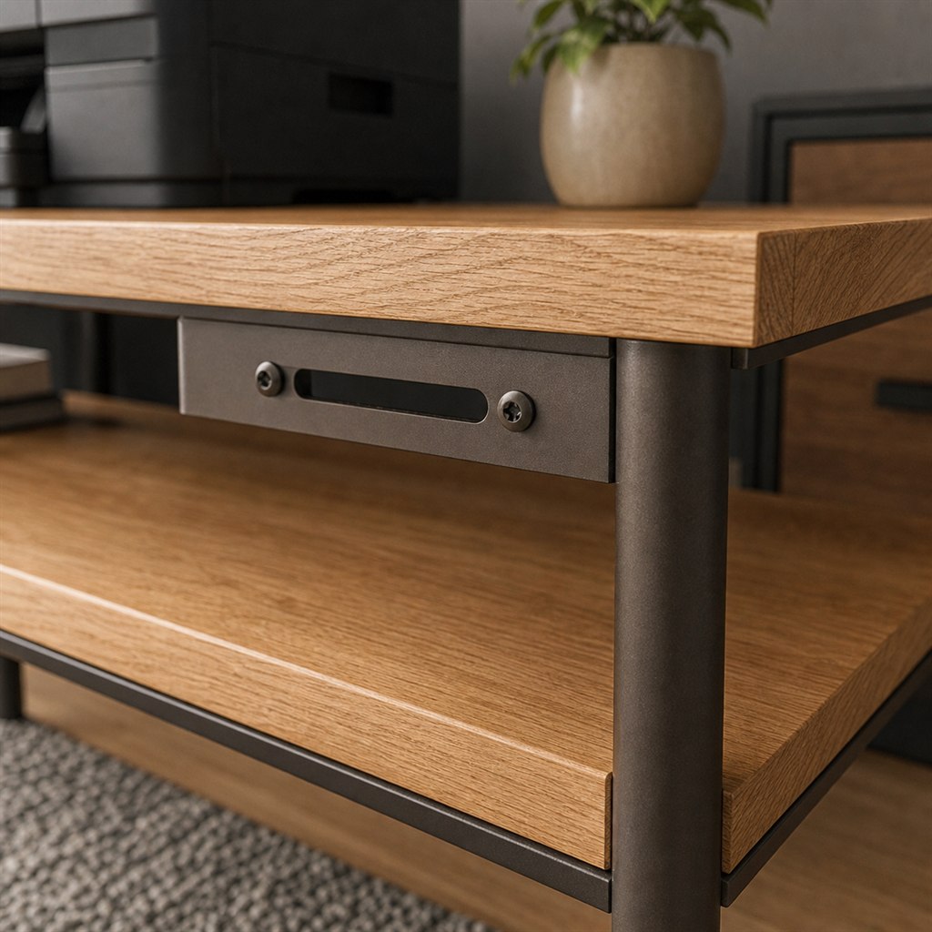Printer Stand With Oak Shelves and a Steel Tube Frame - wood-to-steel interface detail