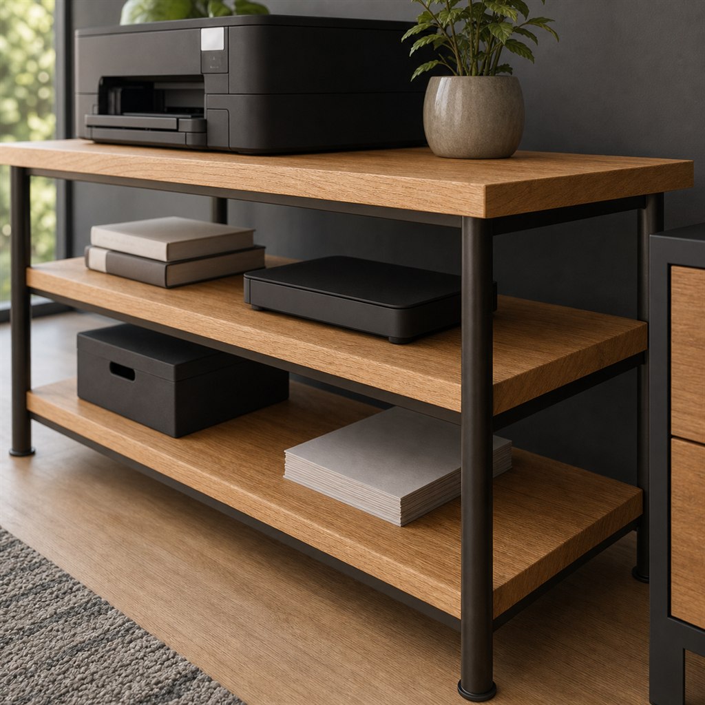 Printer Stand With Oak Shelves and a Steel Tube Frame - finished material detail
