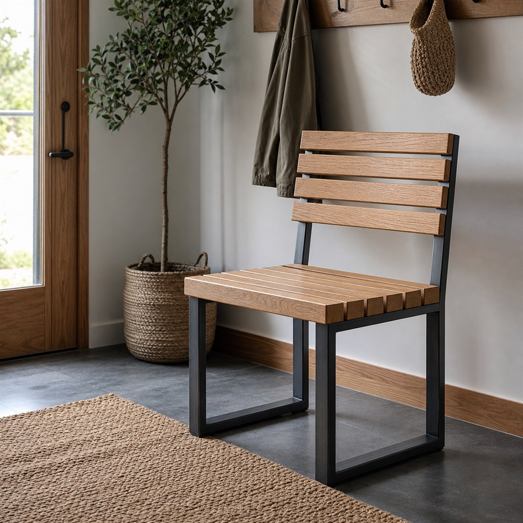 Entry Bench With Oak Slats and Steel U-Legs