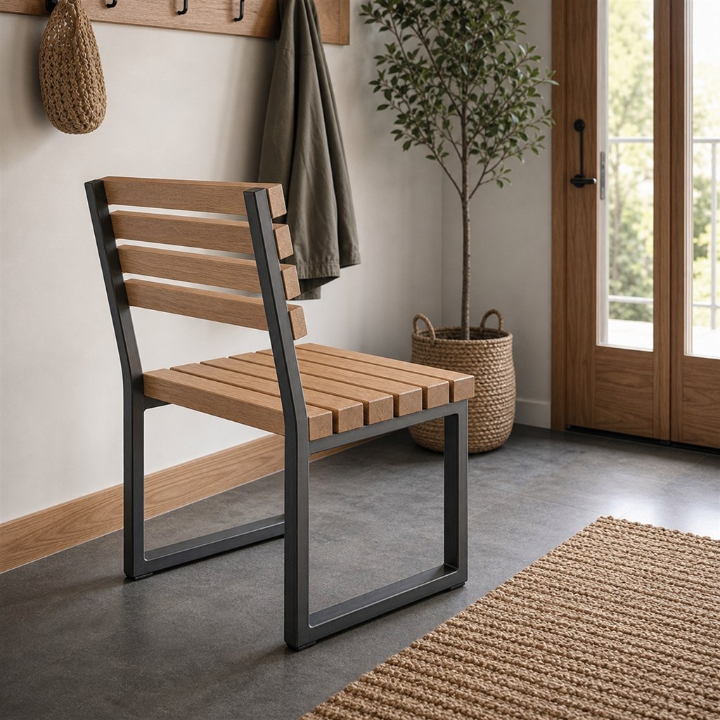 Entry Bench With Oak Slats and Steel U-Legs - alternate full view