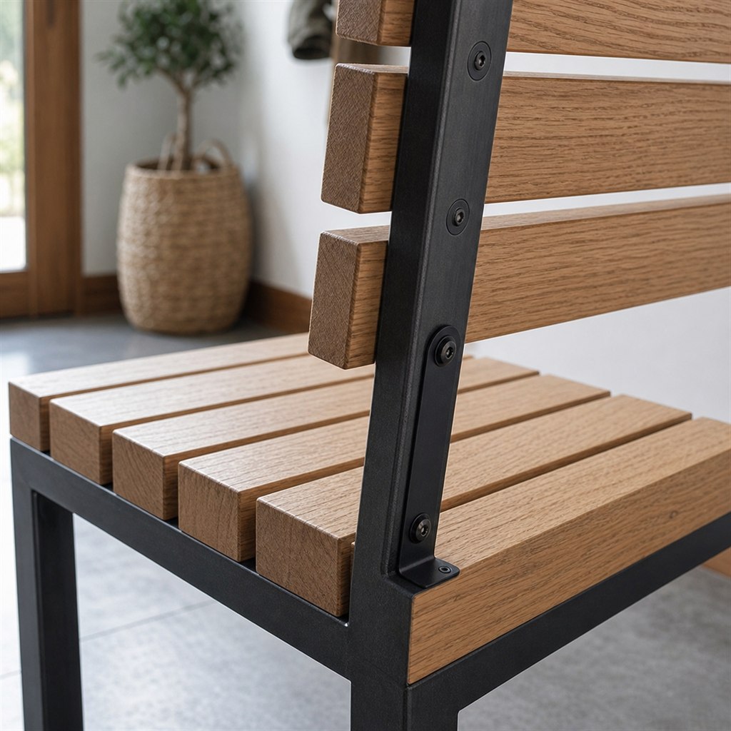 Entry Bench With Oak Slats and Steel U-Legs - wood-to-steel interface detail