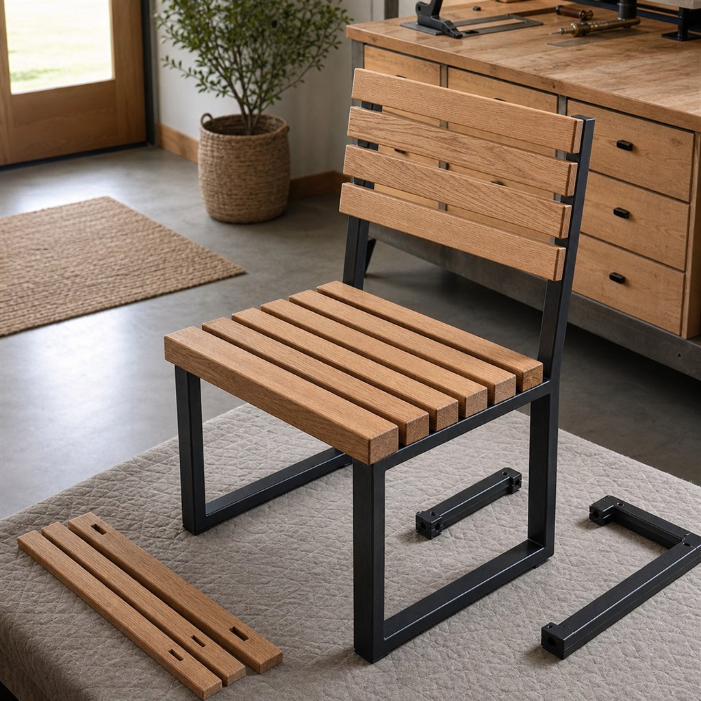 Entry Bench With Oak Slats and Steel U-Legs - workshop dry-assembly view