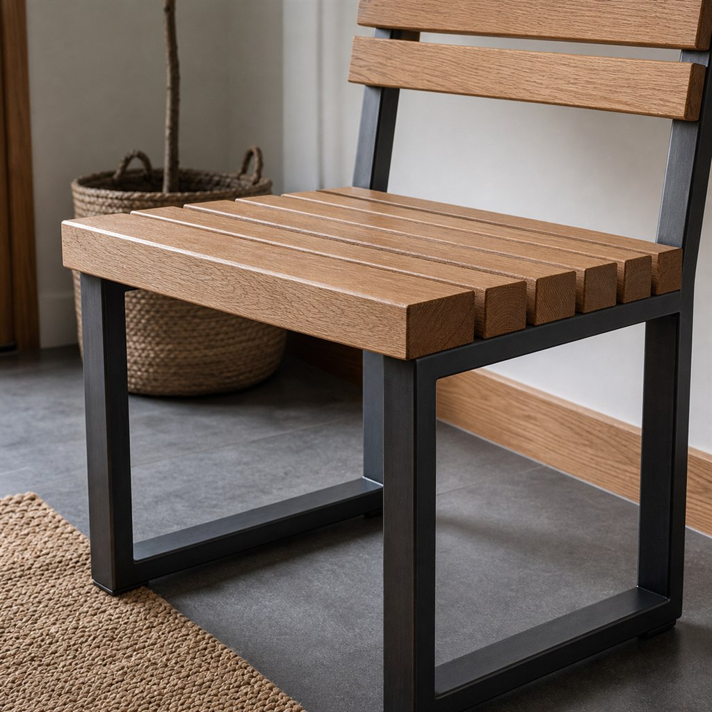 Entry Bench With Oak Slats and Steel U-Legs - finished material detail