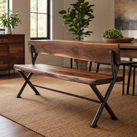 Dining Bench With a Live-Edge Seat and Steel X-Frame