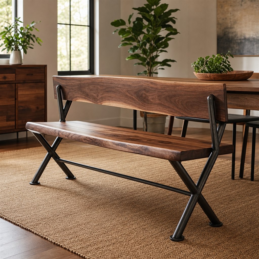 Dining Bench With a Live-Edge Seat and Steel X-Frame