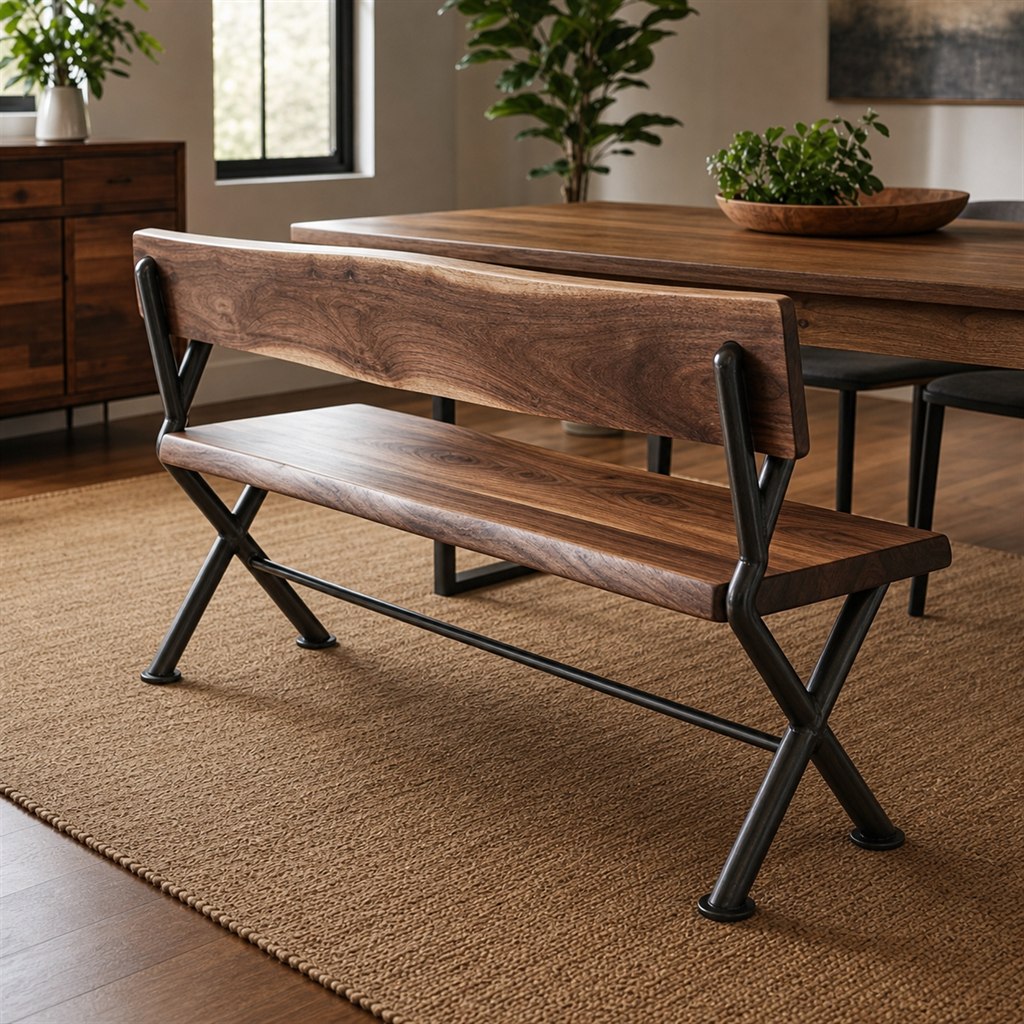 Dining Bench With a Live-Edge Seat and Steel X-Frame - alternate full view