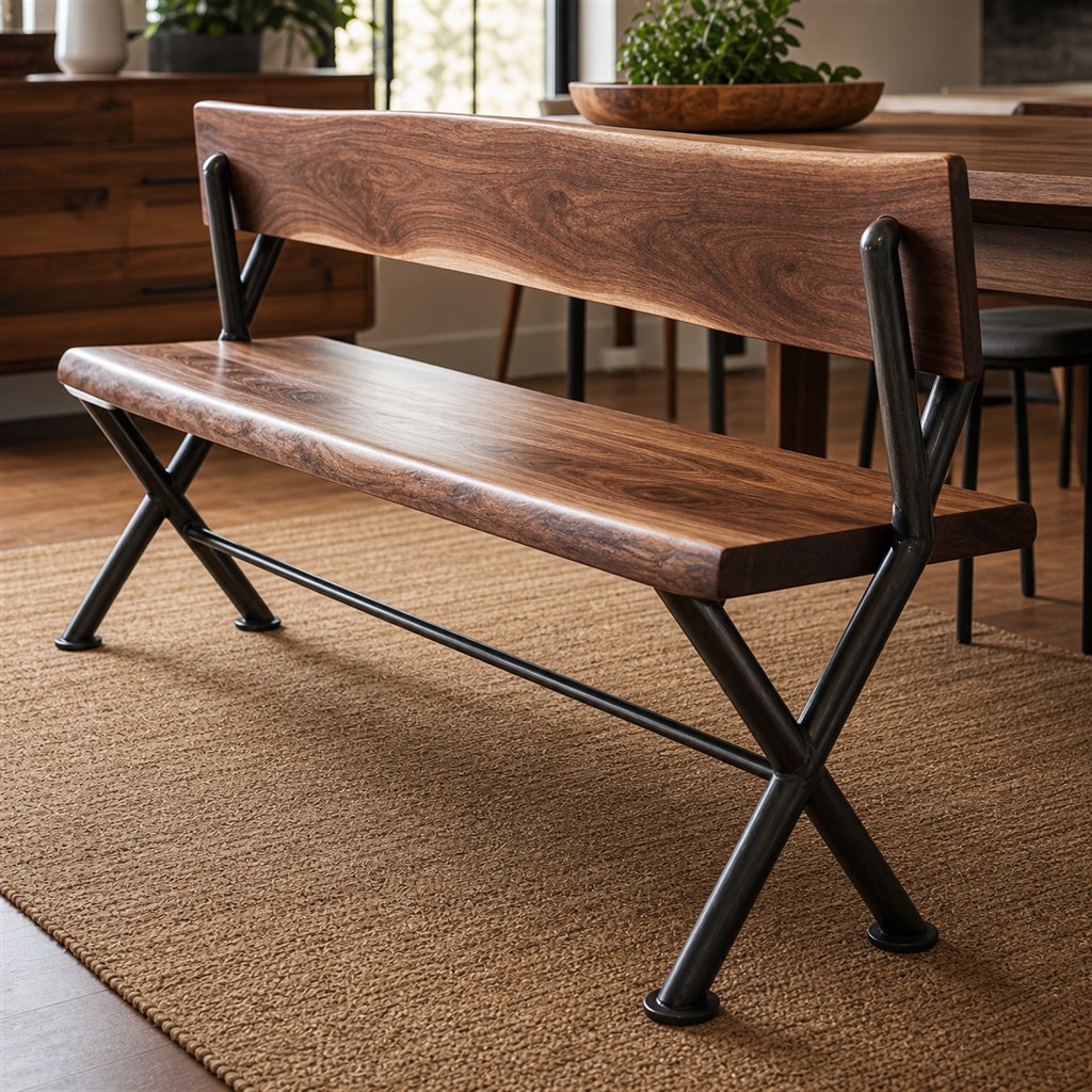Dining Bench With a Live-Edge Seat and Steel X-Frame - steel-frame detail