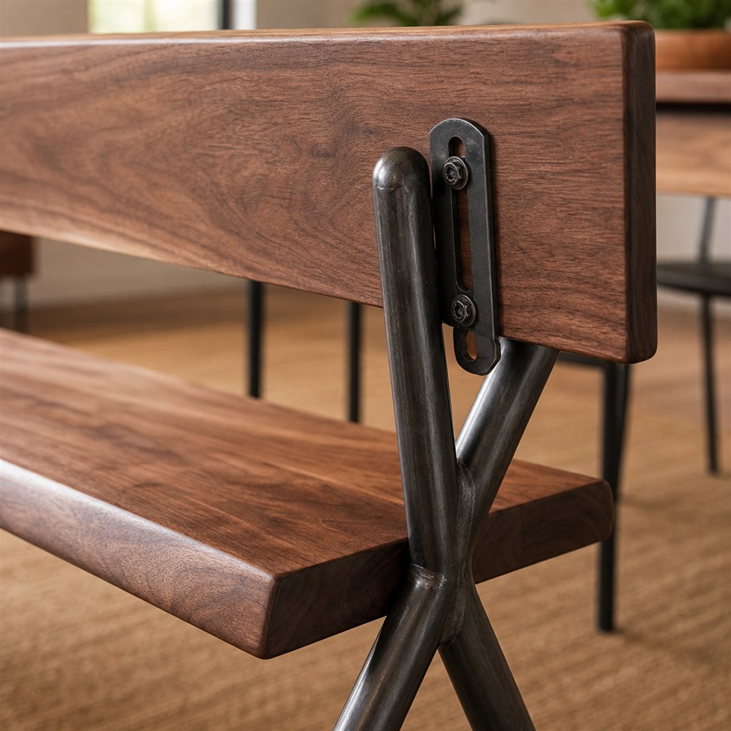 Dining Bench With a Live-Edge Seat and Steel X-Frame - wood-to-steel interface detail