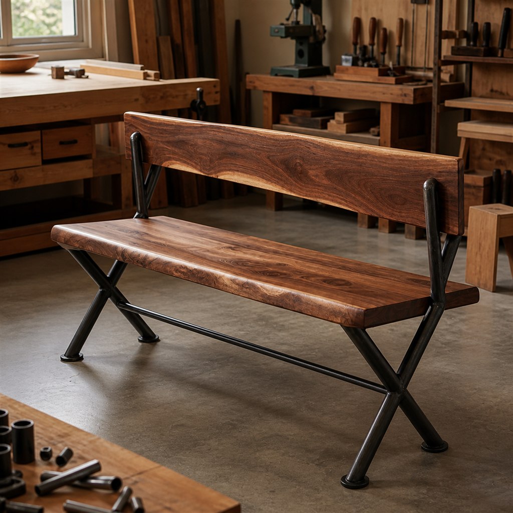 Dining Bench With a Live-Edge Seat and Steel X-Frame - workshop dry-assembly view