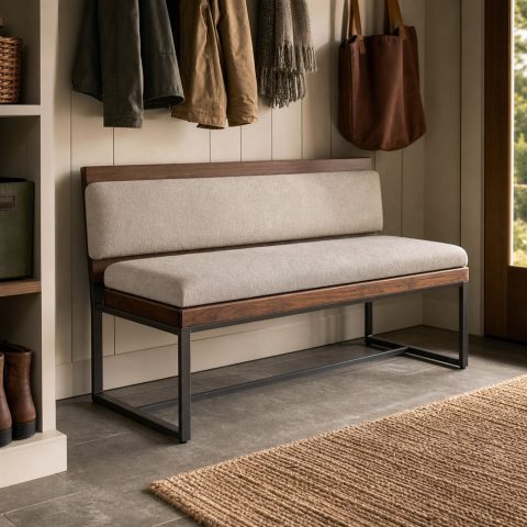 Upholstered Bench With Walnut Rails and a Steel Base