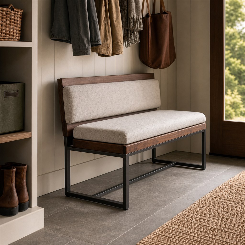 Upholstered Bench With Walnut Rails and a Steel Base - alternate full view
