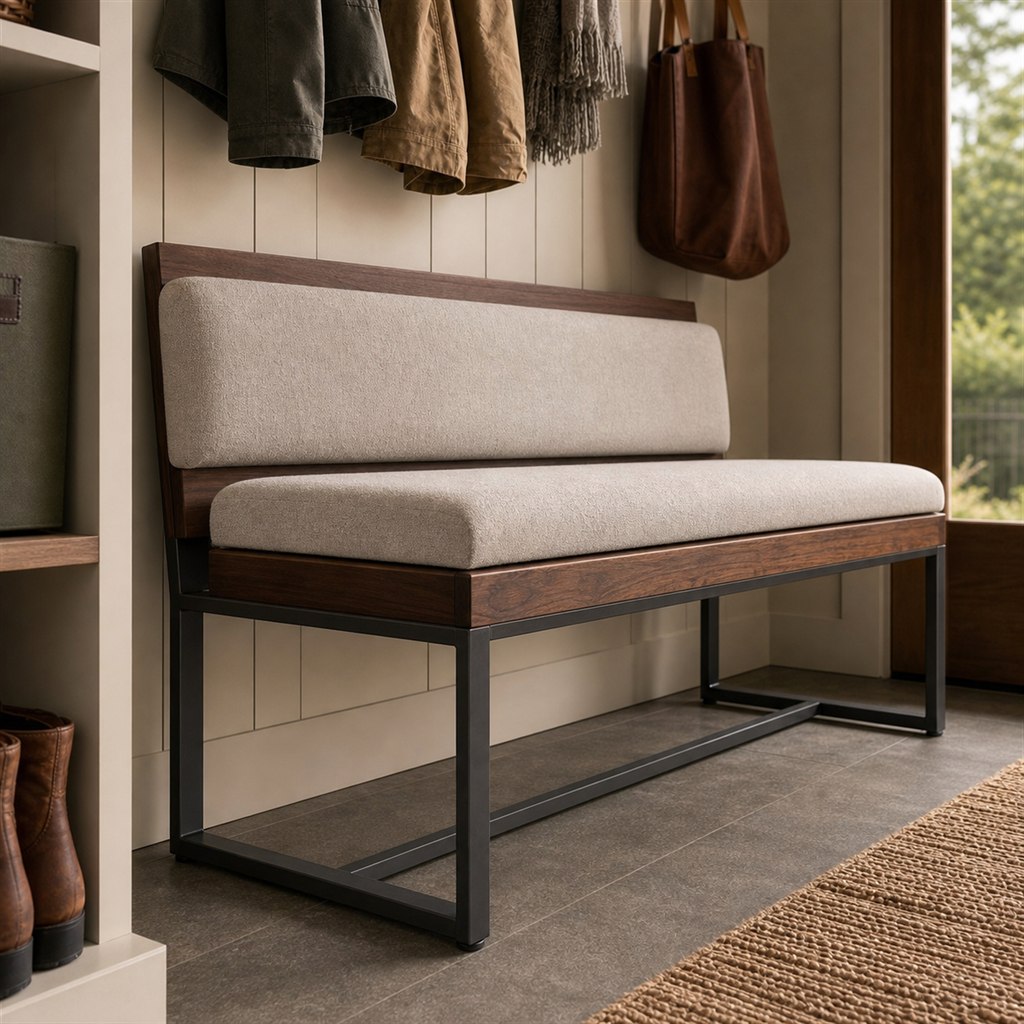 Upholstered Bench With Walnut Rails and a Steel Base - steel-frame detail
