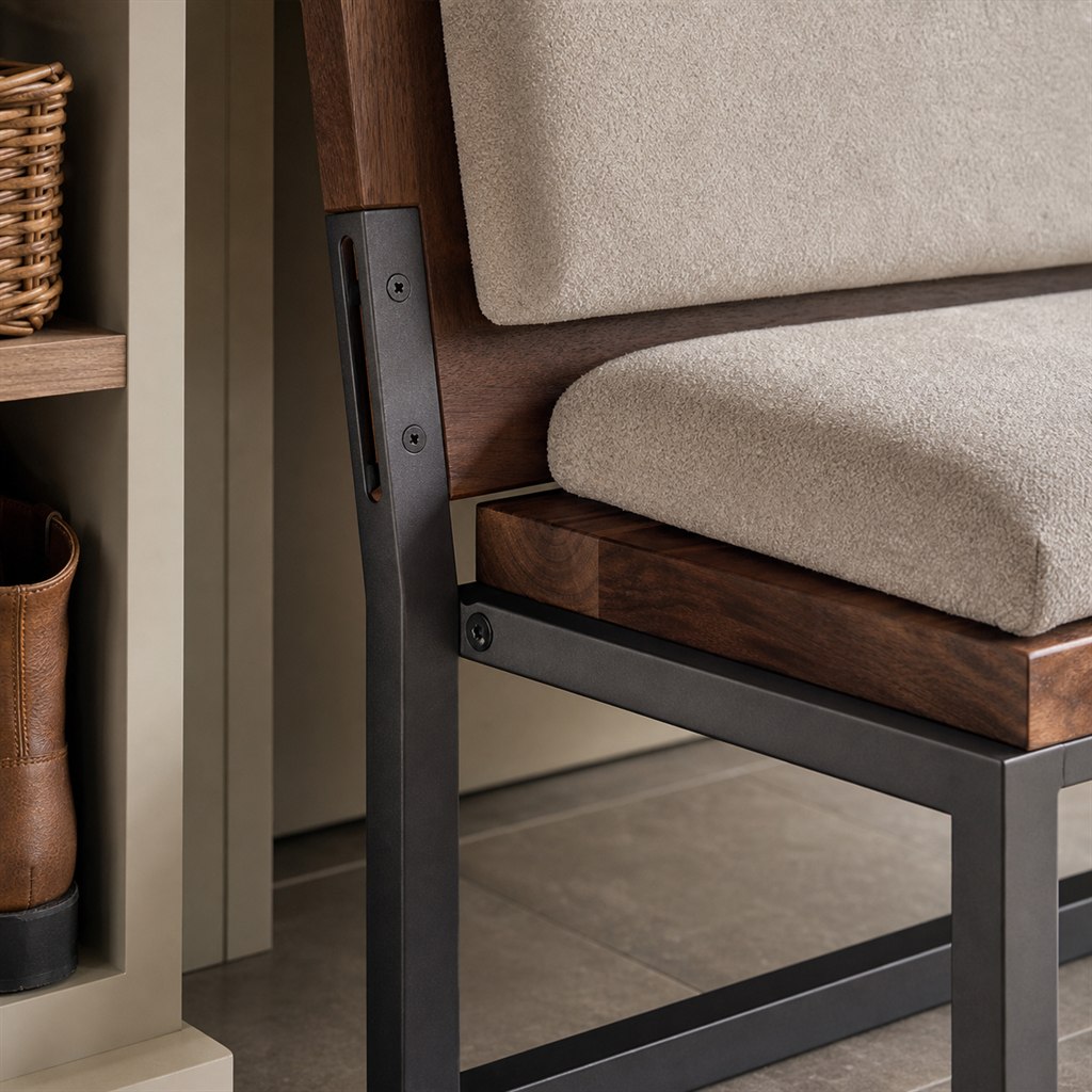 Upholstered Bench With Walnut Rails and a Steel Base - wood-to-steel interface detail