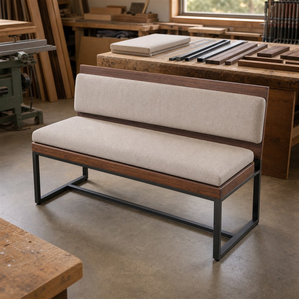 Upholstered Bench With Walnut Rails and a Steel Base - workshop dry-assembly view