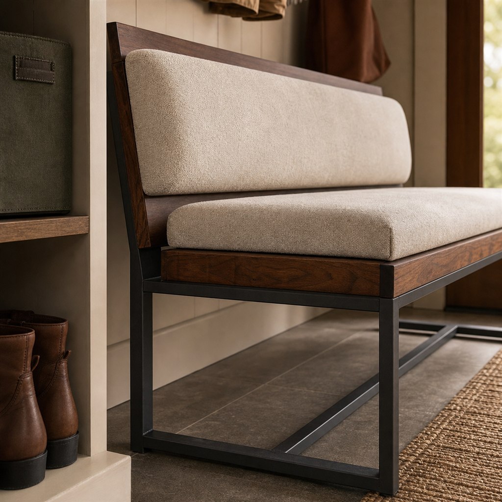 Upholstered Bench With Walnut Rails and a Steel Base - finished material detail