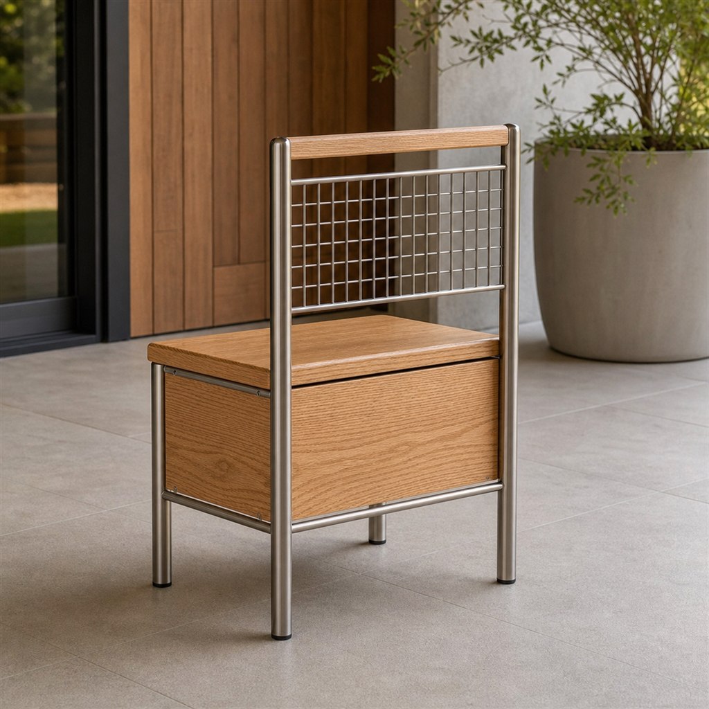 Hall-Tree Bench With a Steel Grid and Oak Storage Seat - alternate full view