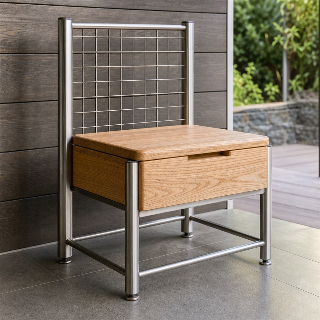 Hall-Tree Bench With a Steel Grid and Oak Storage Seat - steel-frame detail