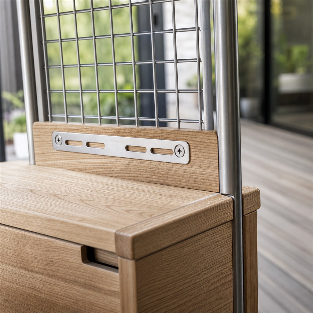 Hall-Tree Bench With a Steel Grid and Oak Storage Seat - wood-to-steel interface detail