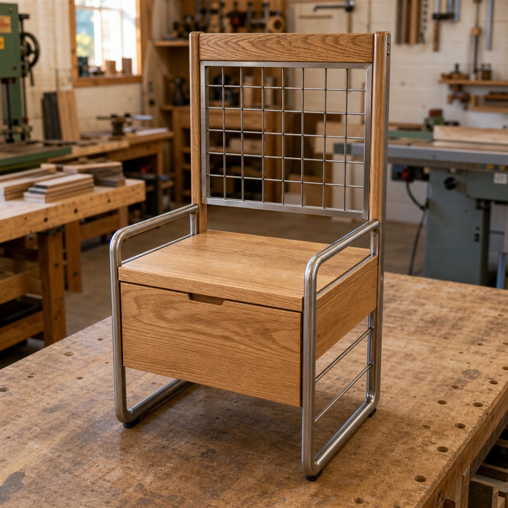 Hall-Tree Bench With a Steel Grid and Oak Storage Seat - workshop dry-assembly view