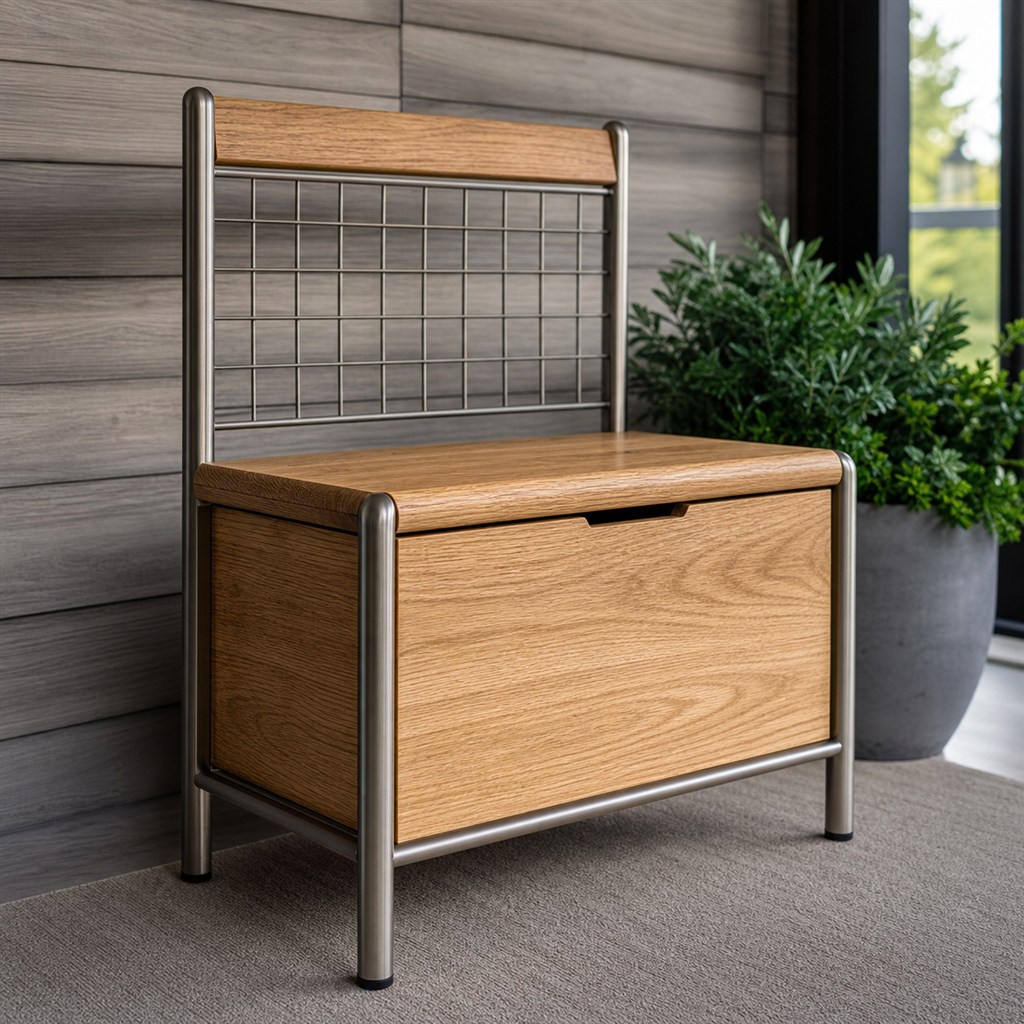 Hall-Tree Bench With a Steel Grid and Oak Storage Seat - finished material detail