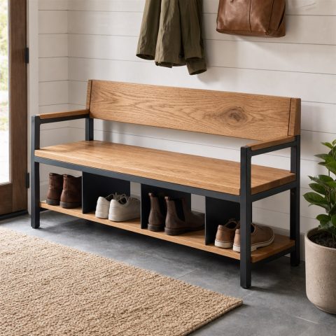 Mudroom Bench With a Shoe Shelf and Steel Dividers