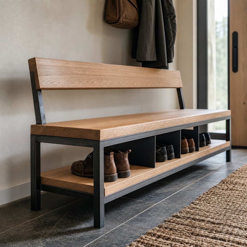 Mudroom Bench With a Shoe Shelf and Steel Dividers - alternate full view