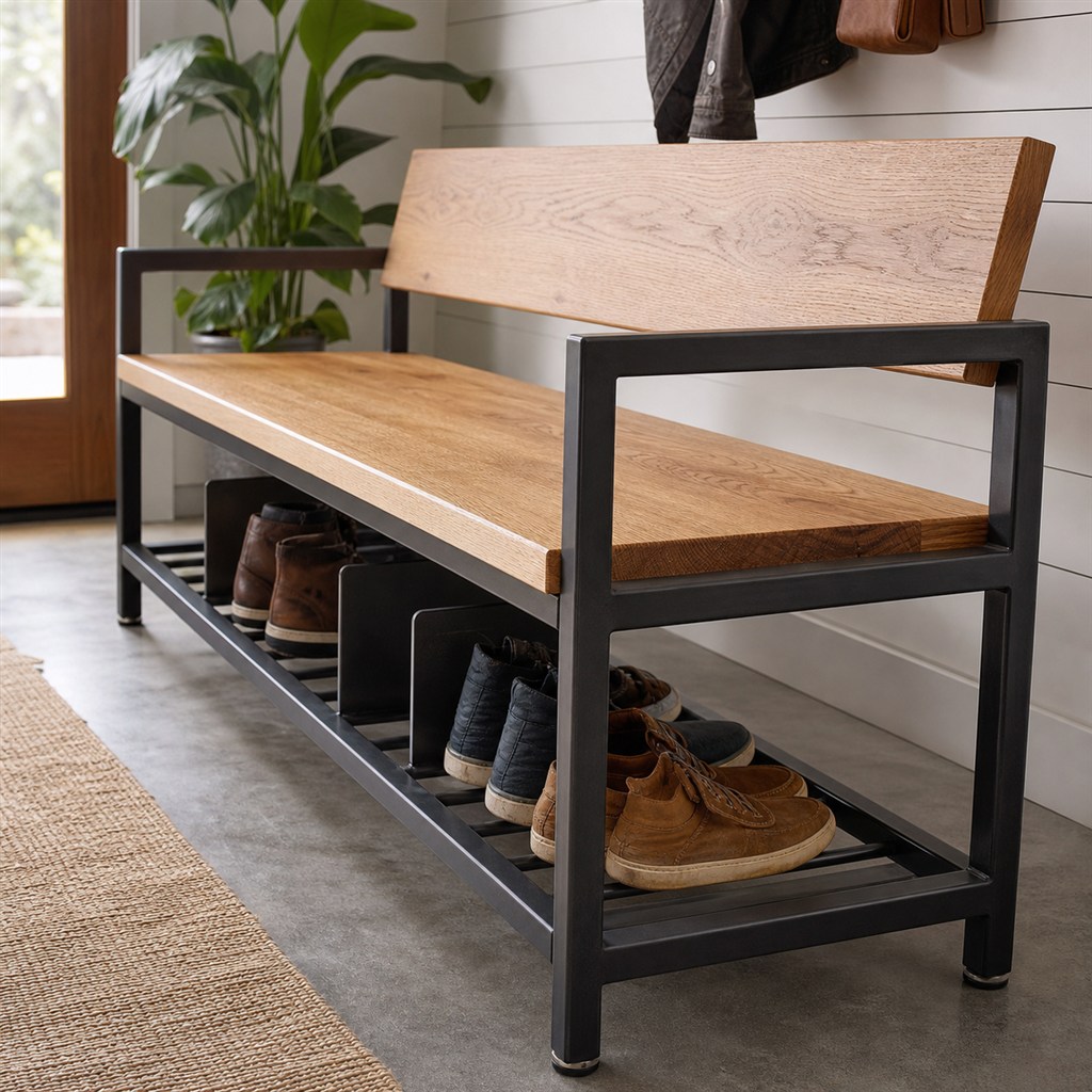 Mudroom Bench With a Shoe Shelf and Steel Dividers - steel-frame detail