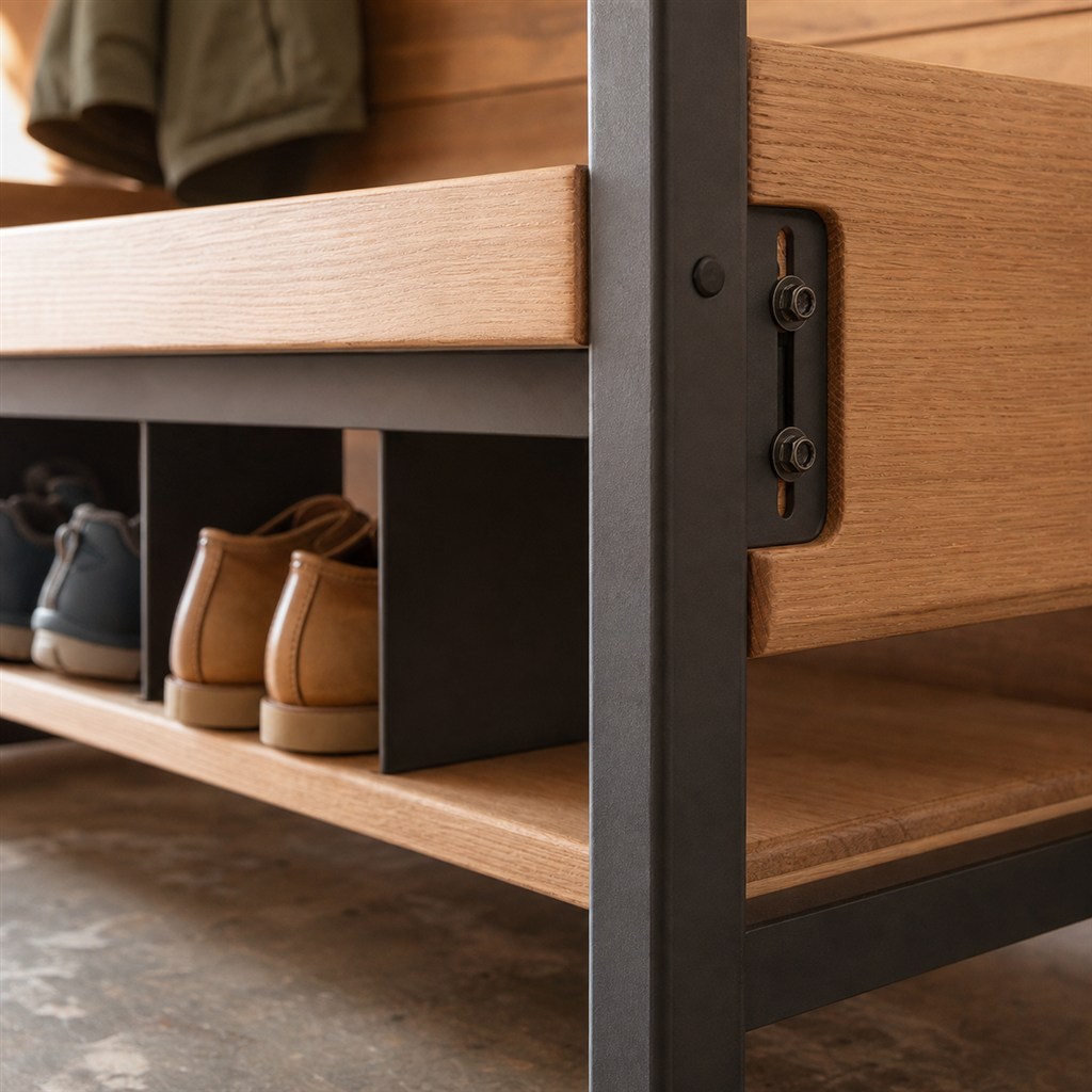Mudroom Bench With a Shoe Shelf and Steel Dividers - wood-to-steel interface detail