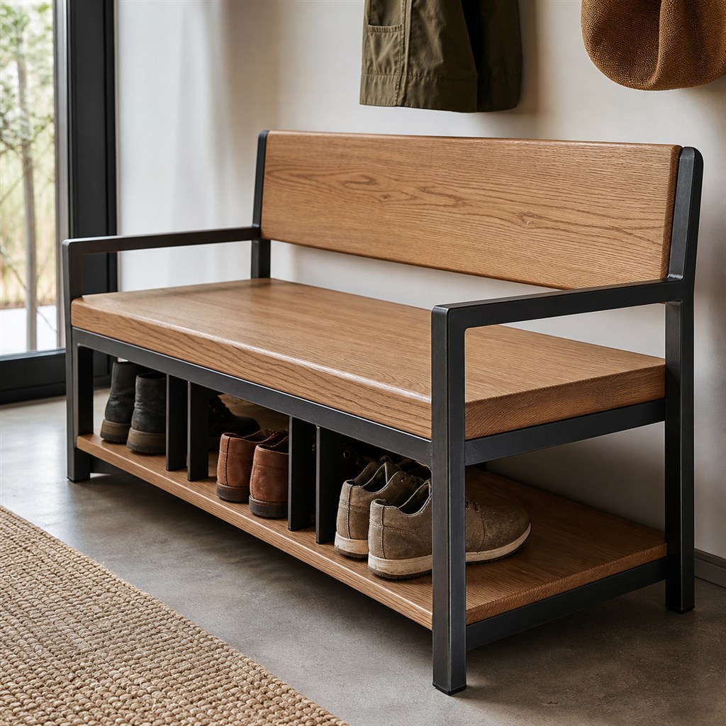 Mudroom Bench With a Shoe Shelf and Steel Dividers - finished material detail