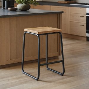 Backless Counter Stool With an Oak Seat and Steel Loop Base