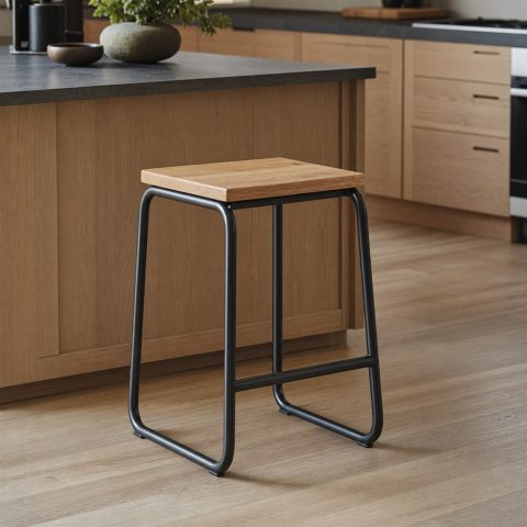 Backless Counter Stool With an Oak Seat and Steel Loop Base