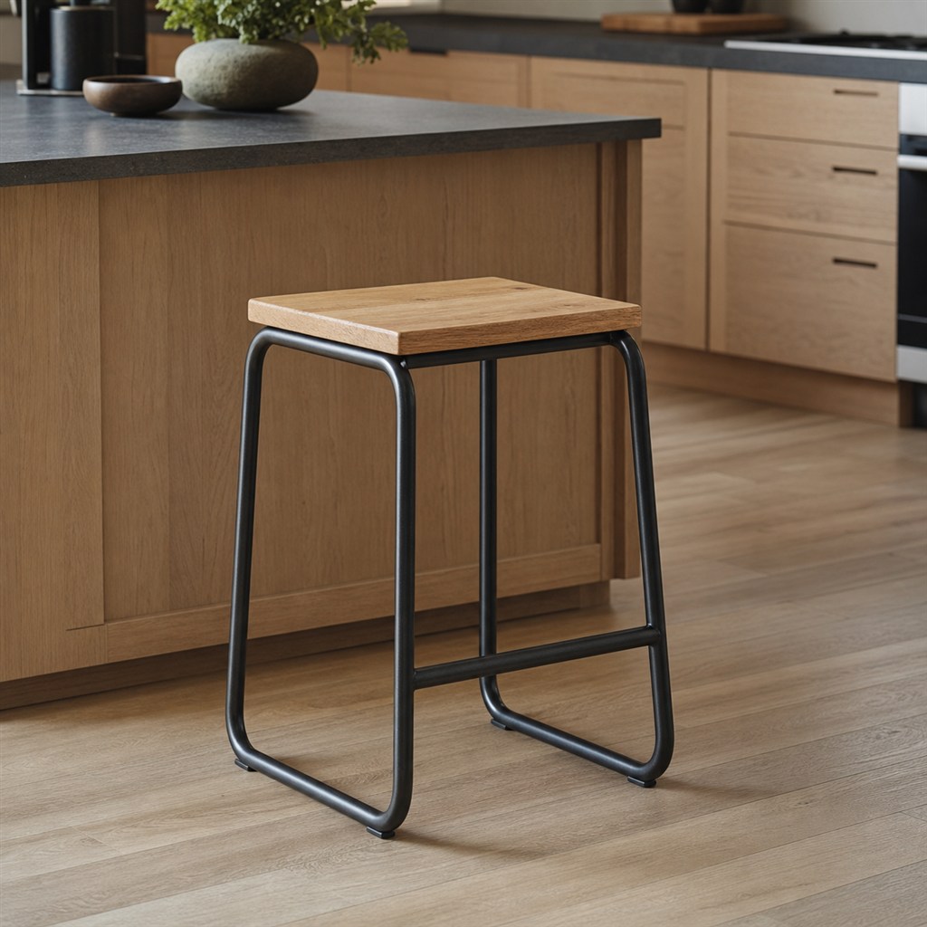 Backless Counter Stool With an Oak Seat and Steel Loop Base