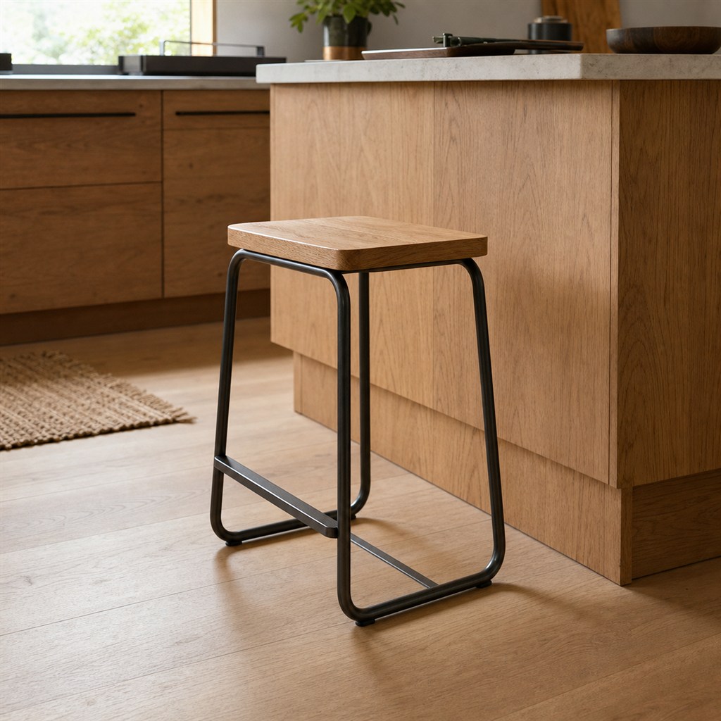 Backless Counter Stool With an Oak Seat and Steel Loop Base - alternate full view