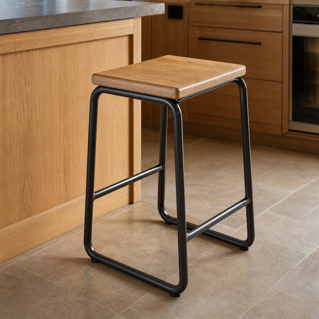 Backless Counter Stool With an Oak Seat and Steel Loop Base - steel-frame detail
