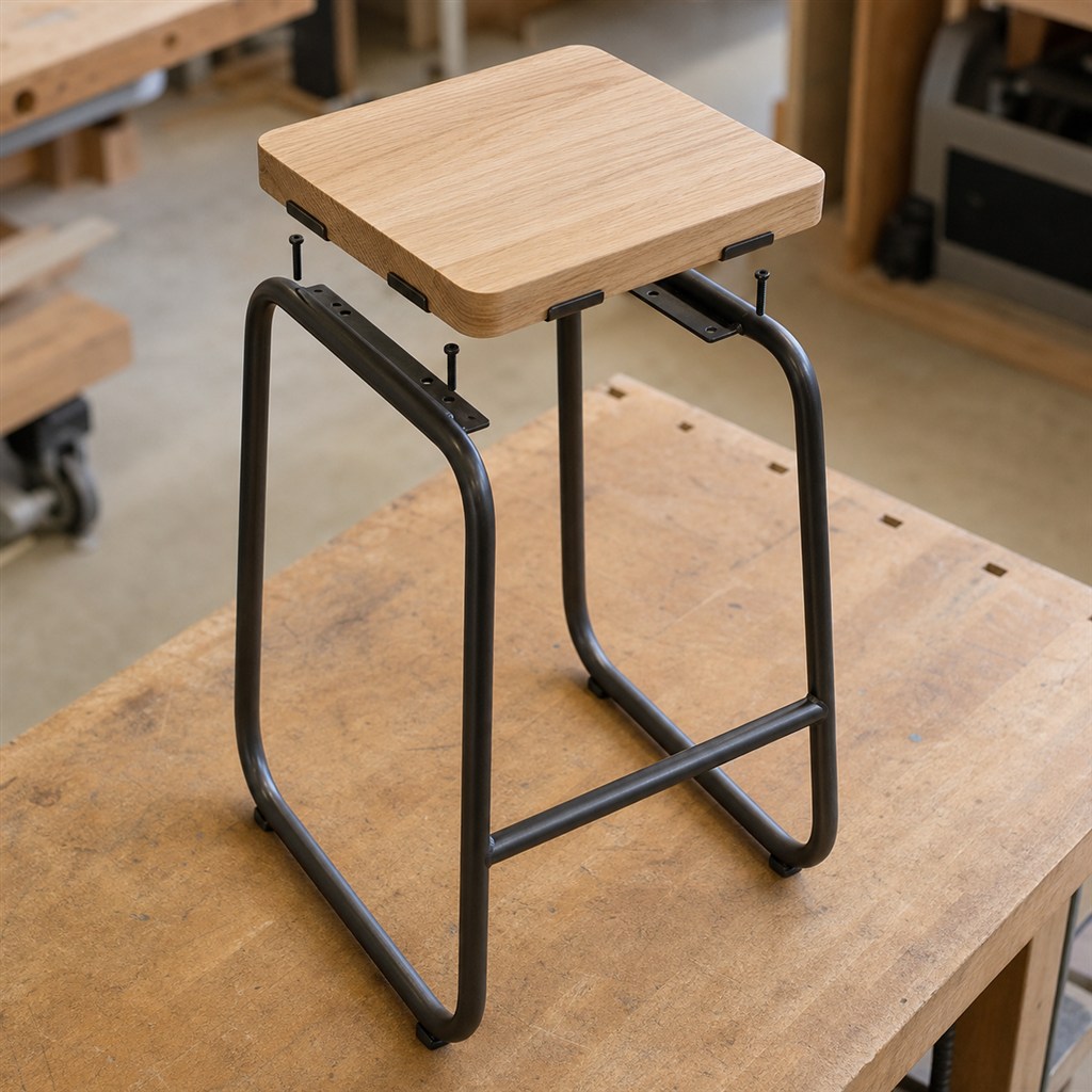 Backless Counter Stool With an Oak Seat and Steel Loop Base - workshop dry-assembly view