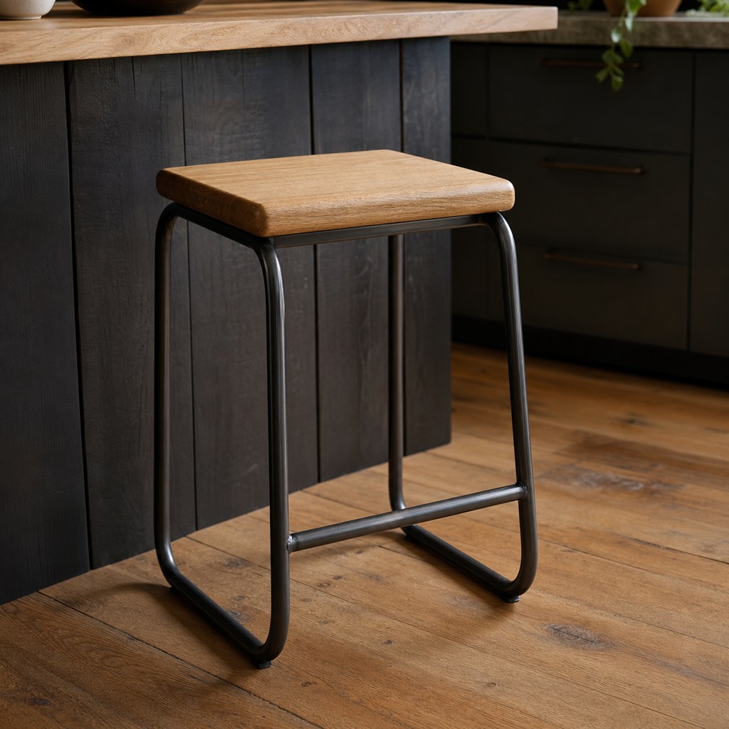 Backless Counter Stool With an Oak Seat and Steel Loop Base - finished material detail