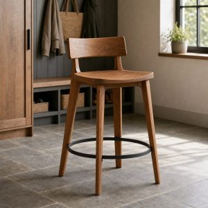 Bar Stool With a Sculpted Wood Seat and Steel Foot Ring