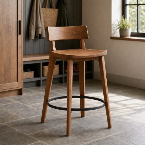 Bar Stool With a Sculpted Wood Seat and Steel Foot Ring