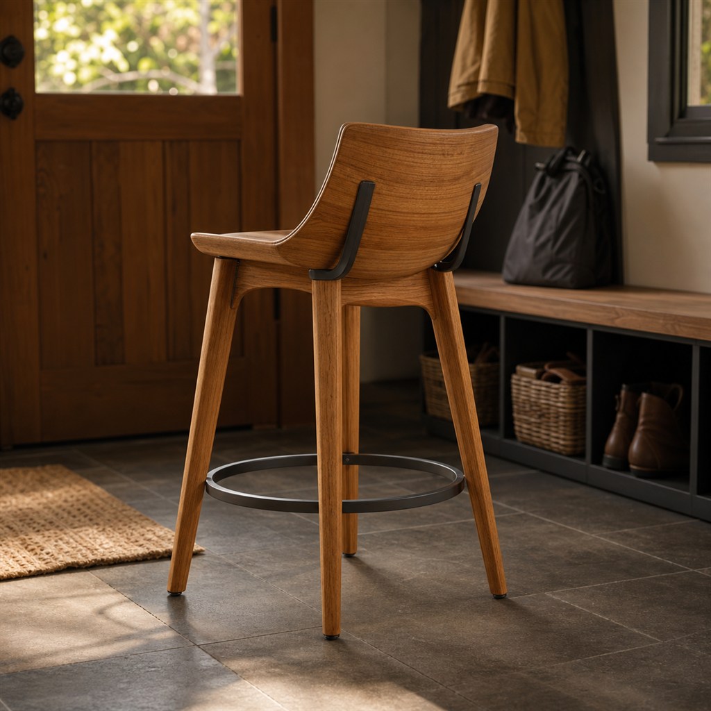 Bar Stool With a Sculpted Wood Seat and Steel Foot Ring - alternate full view