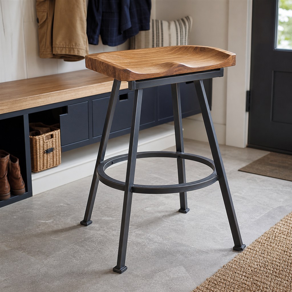 Bar Stool With a Sculpted Wood Seat and Steel Foot Ring - steel-frame detail