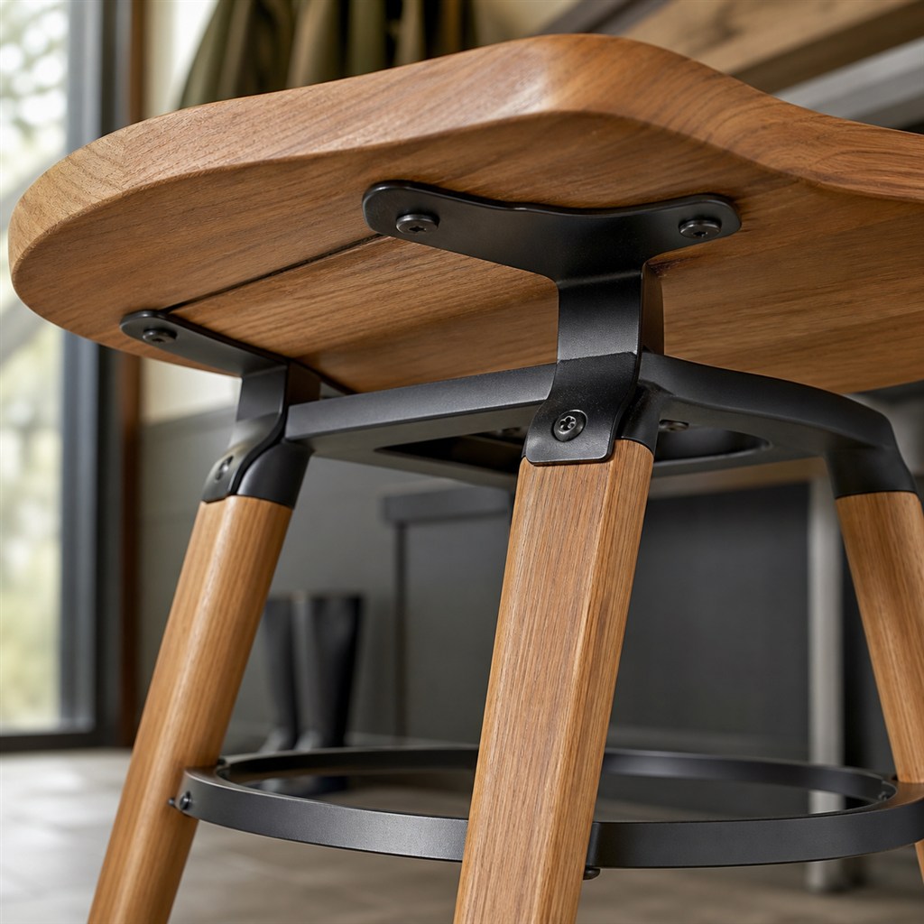 Bar Stool With a Sculpted Wood Seat and Steel Foot Ring - wood-to-steel interface detail