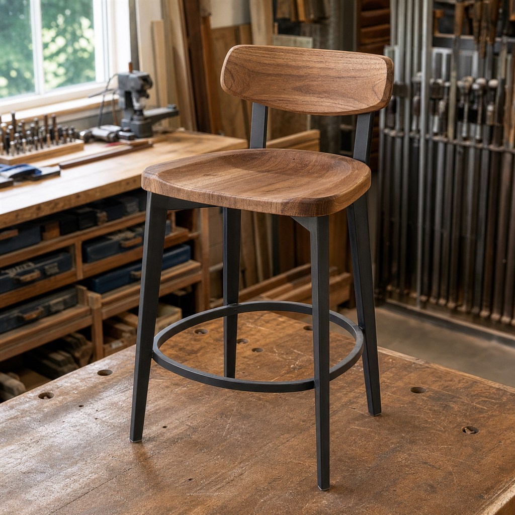 Bar Stool With a Sculpted Wood Seat and Steel Foot Ring - workshop dry-assembly view