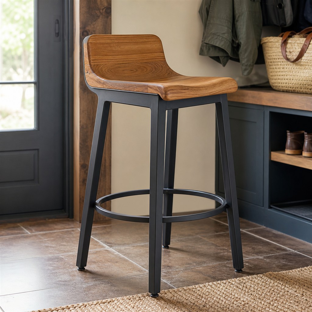 Bar Stool With a Sculpted Wood Seat and Steel Foot Ring - finished material detail