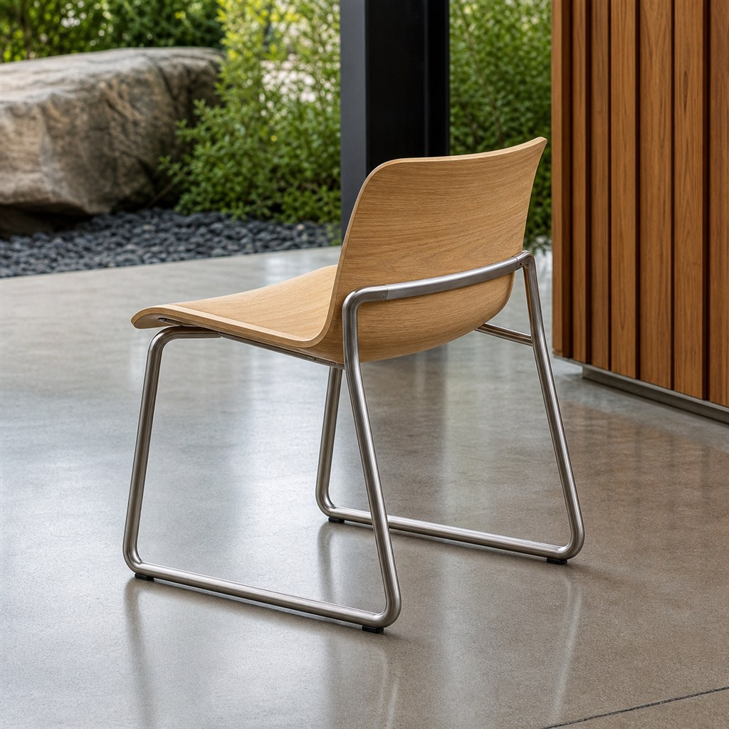 Dining Chair With an Oak Shell and Steel Sled Frame - alternate full view