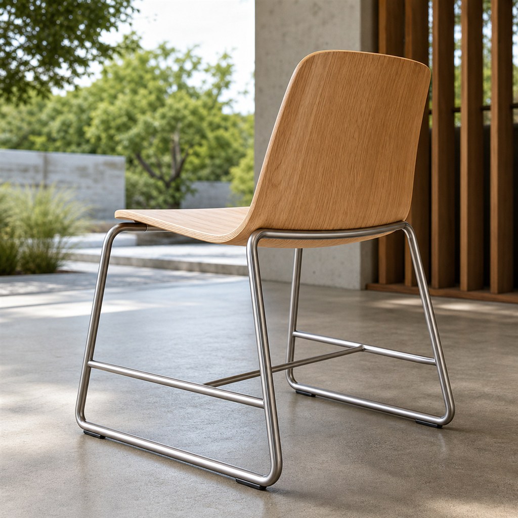 Dining Chair With an Oak Shell and Steel Sled Frame - steel-frame detail